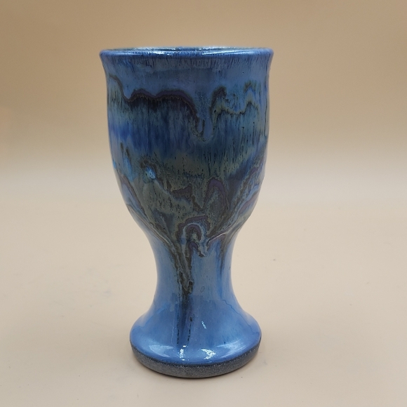 Blue Ceramic  drip ware Art  clay goblet - Vase 7" handmade signed Hrne 08 - Picture 1 of 8